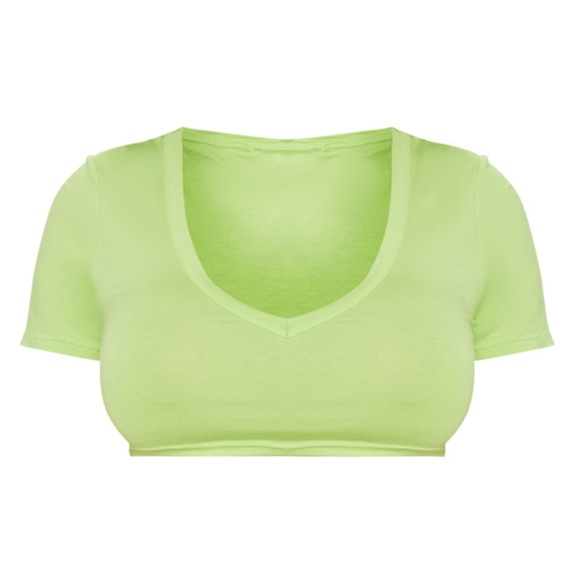 Neon Lime Jersey Short Sleeve V Neck Crop Top New - Picture 1 of 5